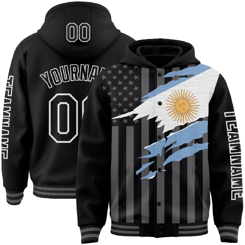 Trendy Colorblock Hoodie for Fashionable Style-Custom Black Gray-White Argentina Argentinian Flag 3D Bomber Full-Snap Varsity Letterman Hoodie Jacket