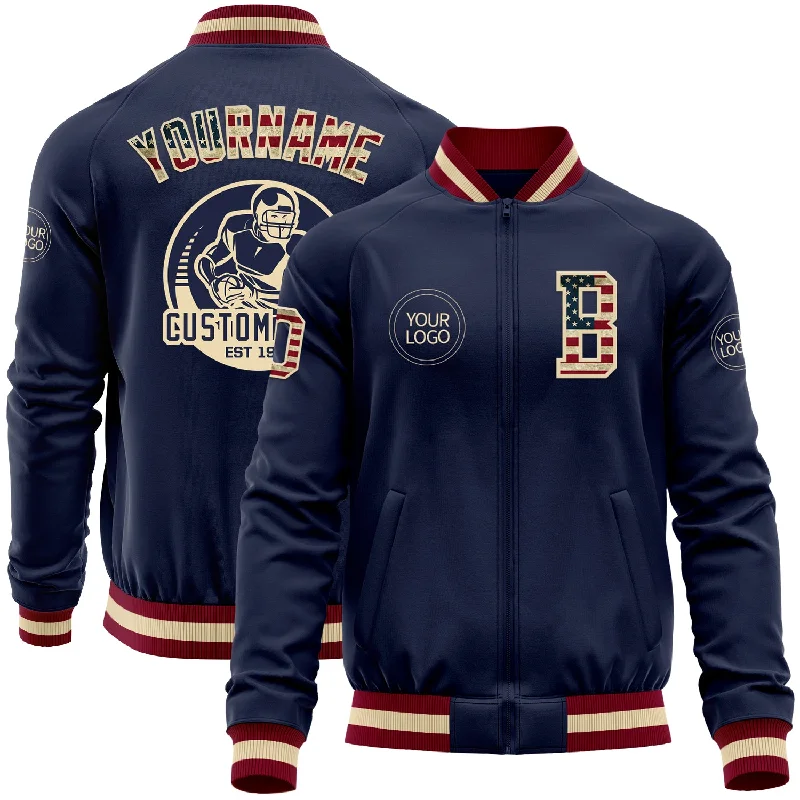 Practical Utility Work Jacket for Professional Use-Custom Navy Vintage USA Flag Cream-Maroon Bomber Varsity Letterman Zipper Jacket