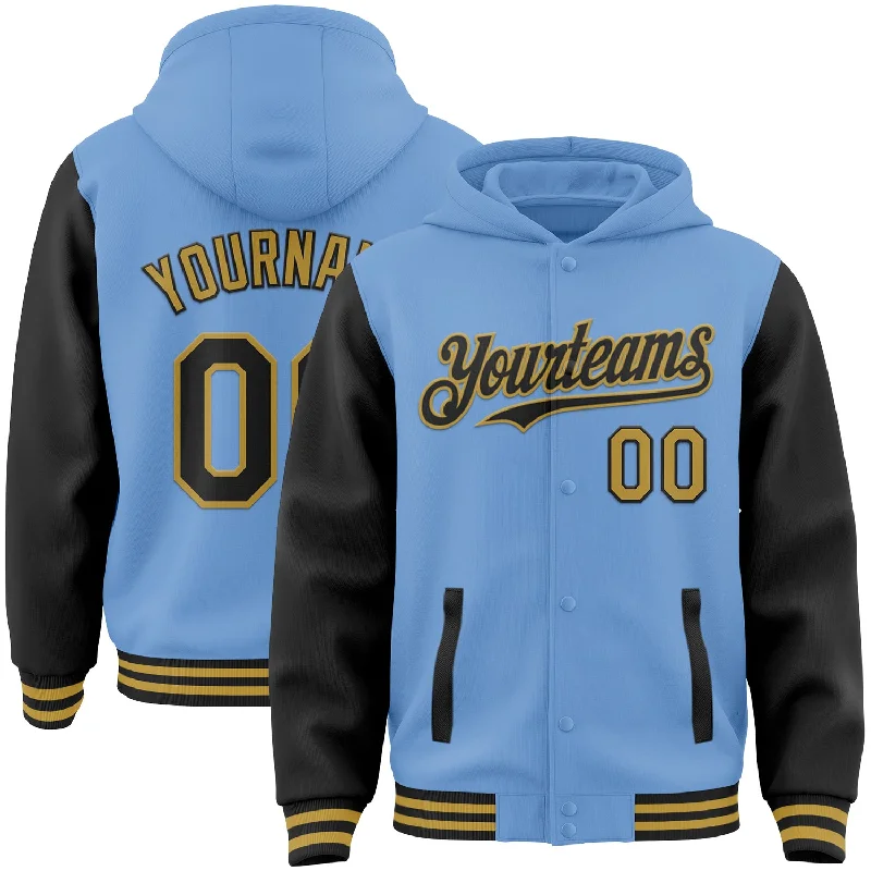 Performance Hoodie for Active Sports and Fitness-Custom Light Blue Black-Old Gold Bomber Full-Snap Varsity Letterman Two Tone Hoodie Jacket