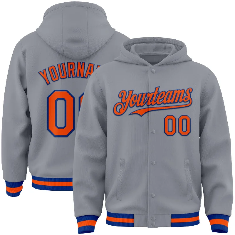 Classic Pullover Hoodie for Everyday Casual-Custom Gray Orange-Royal Bomber Full-Snap Varsity Letterman Hoodie Jacket