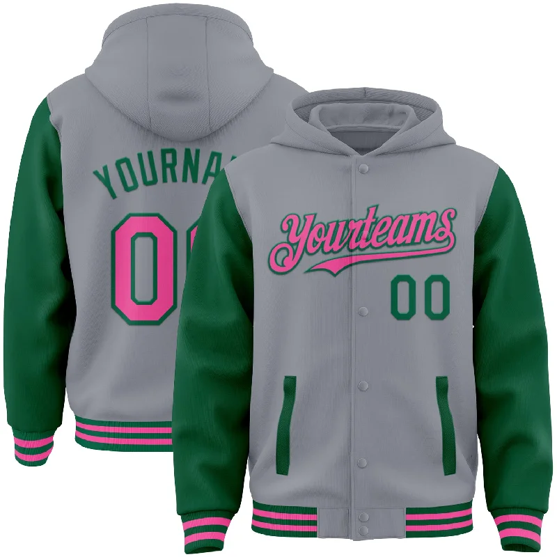 Fashionable Cropped Hoodie for Trendy Outfits-Custom Gray Pink-Kelly Green Bomber Full-Snap Varsity Letterman Two Tone Hoodie Jacket