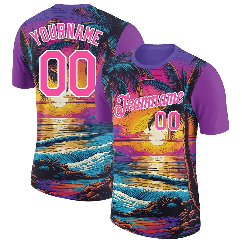 Street Style Logo T-Shirt for Trendy Looks-Custom Purple Pink-White 3D Pattern Design Hawaii Palm Trees On Beach Performance T-Shirt