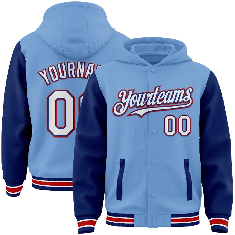 Stylish Zip Hoodie for Fashionable Comfort-Custom Light Blue Royal-Red Bomber Full-Snap Varsity Letterman Two Tone Hoodie Jacket