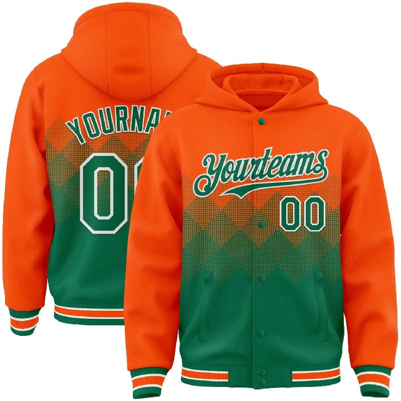 Cozy Winter Hoodie for Chilly Days-Custom Orange Kelly Green-White Gradient Square Shape 3D Pattern Design Bomber Full-Snap Varsity Letterman Hoodie Jacket