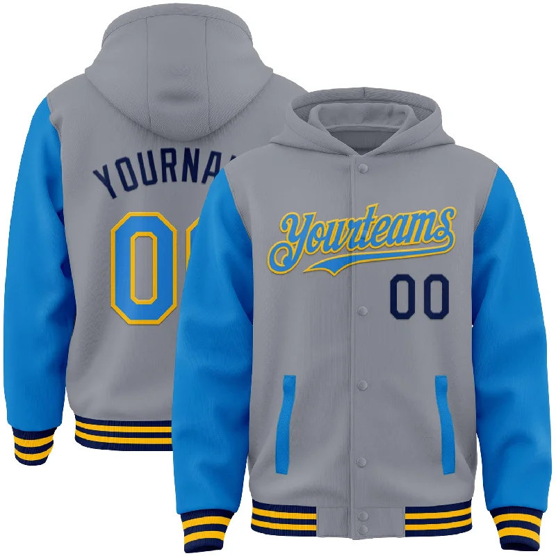 Hooded Sweatshirt for Layered Looks-Custom Gray Powder Blue Gold-Navy Bomber Full-Snap Varsity Letterman Two Tone Hoodie Jacket