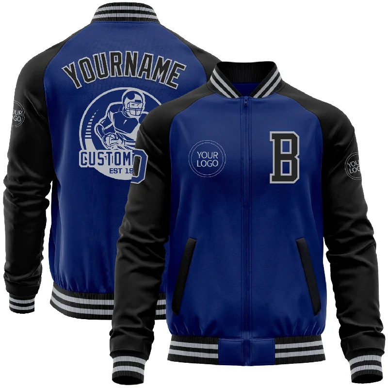 Stretch Fit Jacket for Enhanced Comfort-Custom Royal Black-Gray Bomber Varsity Letterman Two Tone Zipper Jacket