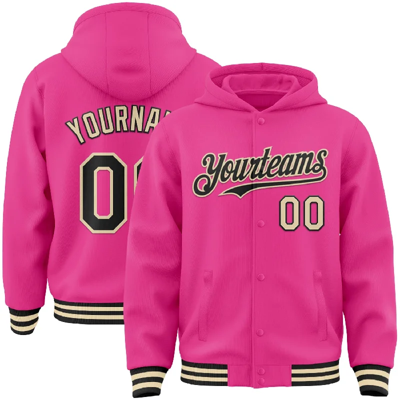 Soft Pullover Hoodie for Cold Weather Style-Custom Pink Black-Cream Bomber Full-Snap Varsity Letterman Hoodie Jacket