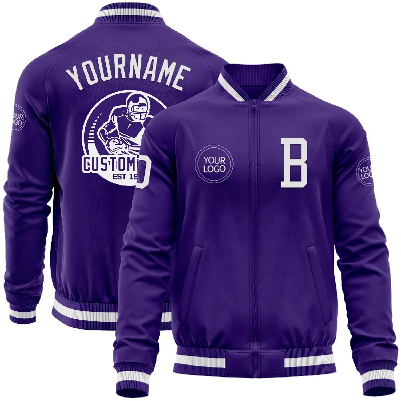 Packable Jacket for Travel and Convenience-Custom Purple White Bomber Varsity Letterman Zipper Jacket