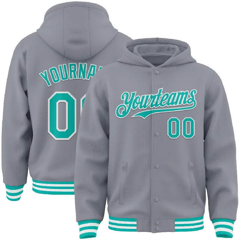 Oversized Pullover Hoodie for Casual Comfort-Custom Gray Aqua-White Bomber Full-Snap Varsity Letterman Hoodie Jacket