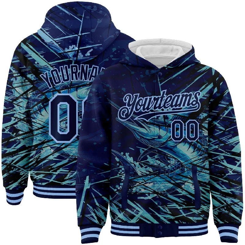 Performance Hoodie for Active Sports and Fitness-Custom Navy Light Blue Marlin Fish Fishing 3D Bomber Full-Snap Varsity Letterman Hoodie Jacket