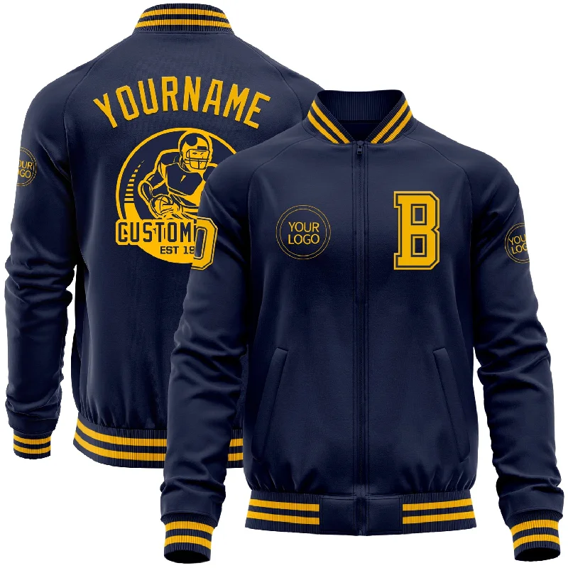 Windproof Jacket for Sports and Hiking-Custom Navy Gold Bomber Varsity Letterman Zipper Jacket