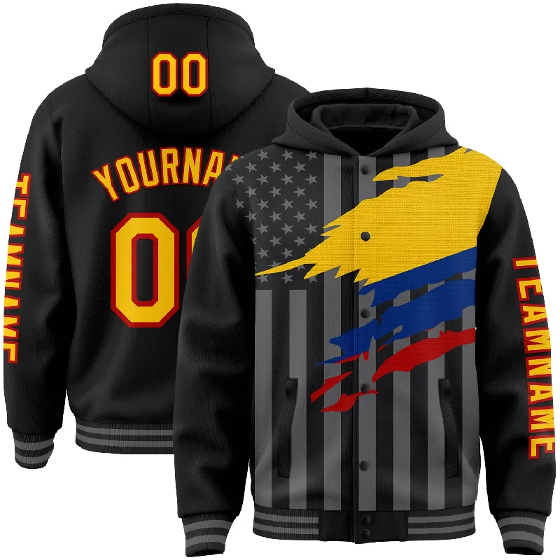 Stylish Tie-Dye Hoodie for Unique Look-Custom Black Yellow Red-Gray Colombia Colombian Flag 3D Bomber Full-Snap Varsity Letterman Hoodie Jacket