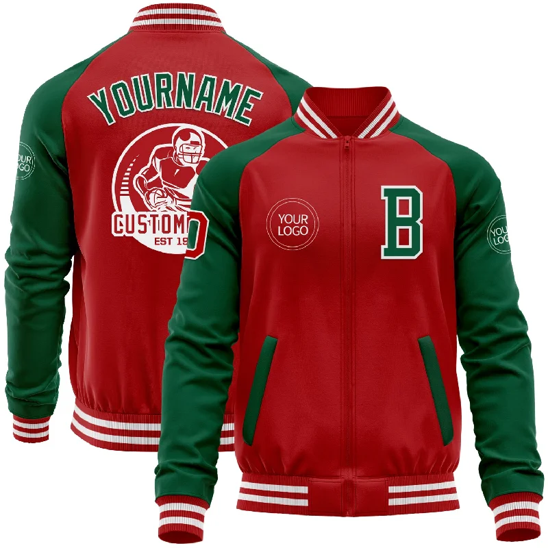 Functional Ski Jacket for Snow Sports-Custom Red Kelly Green-White Bomber Varsity Letterman Two Tone Zipper Jacket