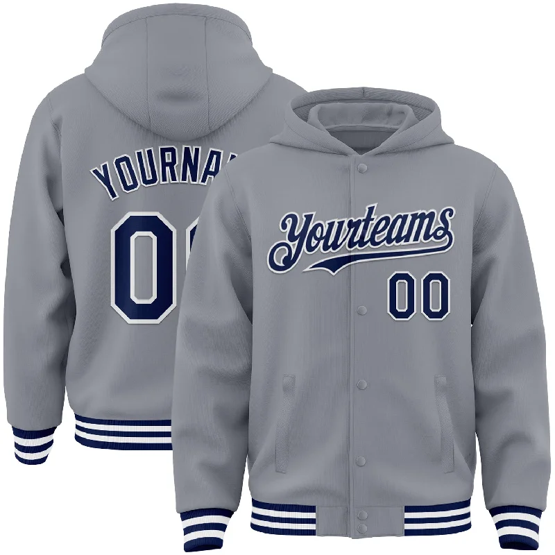 Sports Hoodie for Active Lifestyle-Custom Gray Navy-White Bomber Full-Snap Varsity Letterman Hoodie Jacket