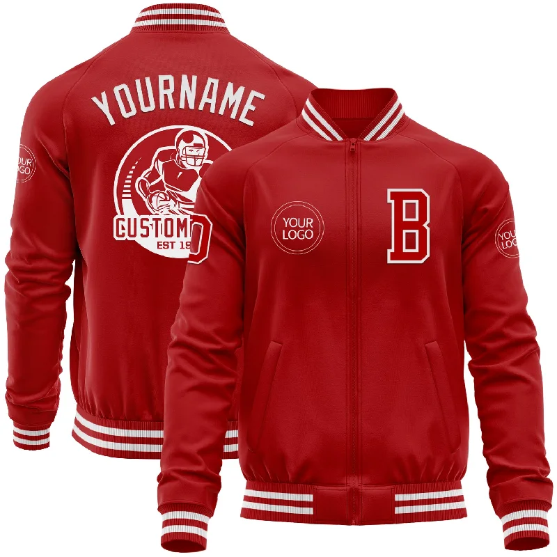 Warm Down Jacket for Winter Sports-Custom Red White Bomber Varsity Letterman Zipper Jacket