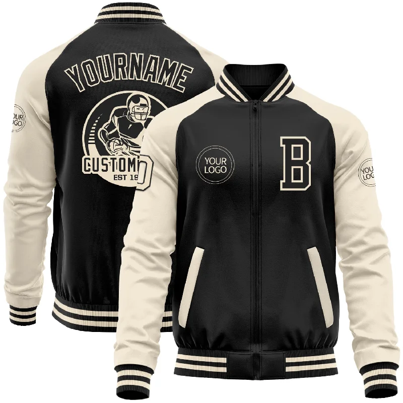 Zip-Front Jacket for Quick and Easy Wear-Custom Black Cream Bomber Varsity Letterman Two Tone Zipper Jacket