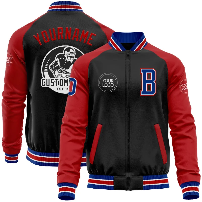 Water-Resistant Outdoor Jacket for Hikers-Custom Black Royal-Red Bomber Varsity Letterman Two Tone Zipper Jacket