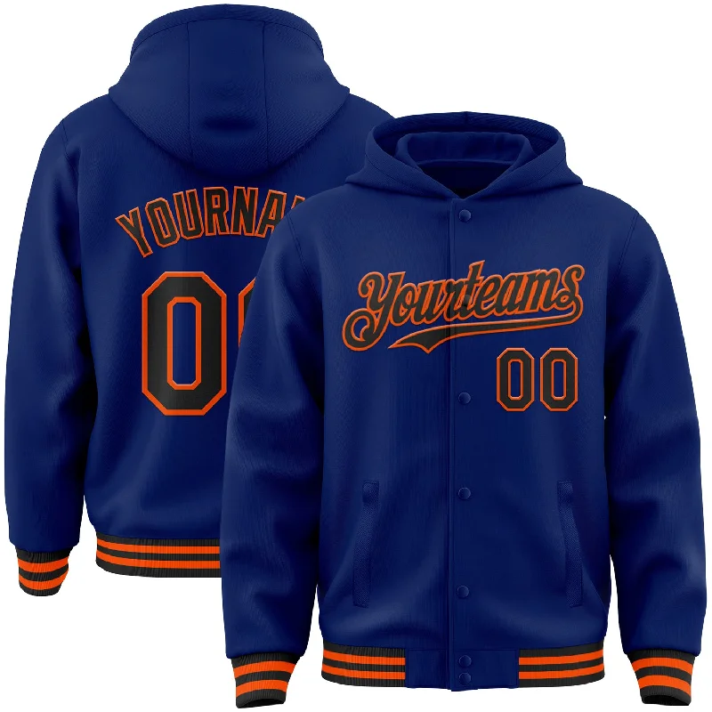 Soft Terry Cloth Hoodie for Relaxed Vibes-Custom Royal Black-Orange Bomber Full-Snap Varsity Letterman Hoodie Jacket