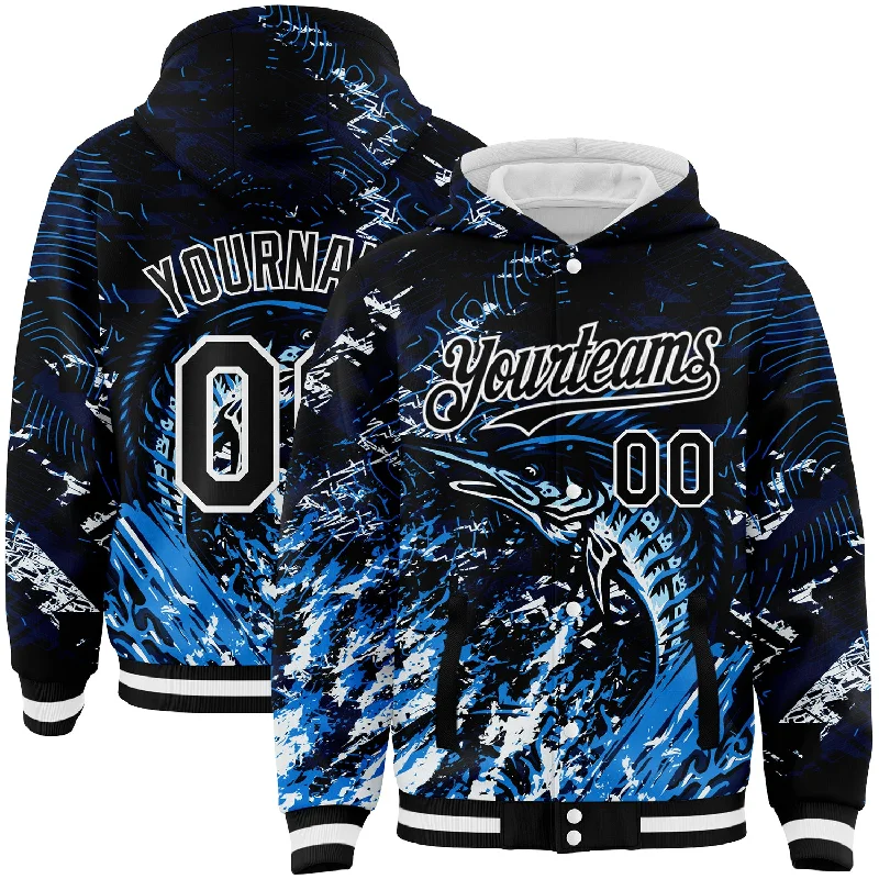 Warm Puffer Hoodie for Cold Outdoor Adventures-Custom Navy Black-White Marlin Fish Fishing 3D Bomber Full-Snap Varsity Letterman Hoodie Jacket