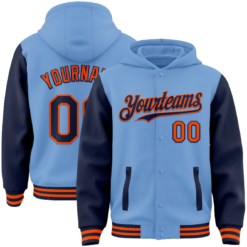 Bold Color Hoodie for Attention-Grabbing Style-Custom Light Blue Navy-Orange Bomber Full-Snap Varsity Letterman Two Tone Hoodie Jacket