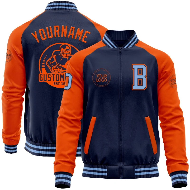 Classic Cotton Jacket for Everyday Use-Custom Navy Orange-Light Blue Bomber Varsity Letterman Two Tone Zipper Jacket