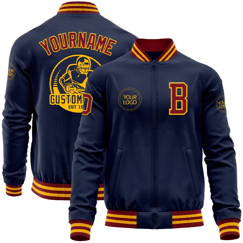 Classic Denim Jacket for Versatile Styling-Custom Navy Crimson-Gold Bomber Varsity Letterman Zipper Jacket