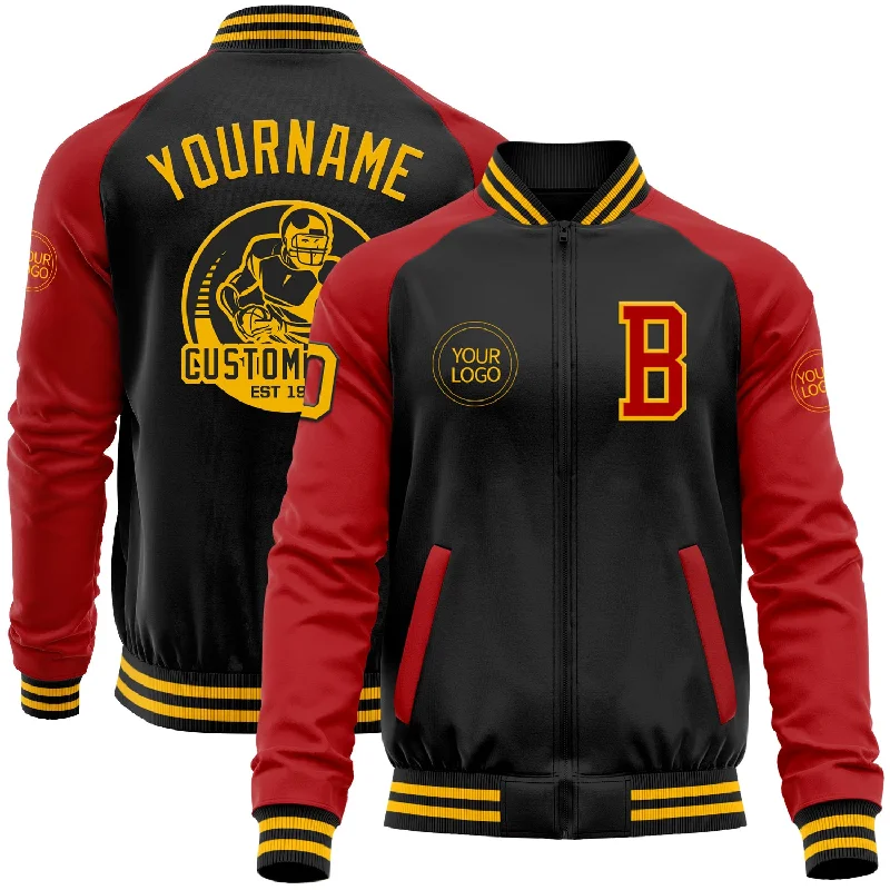 Classic Bomber Jacket for Timeless Look-Custom Black Gold-Red Bomber Varsity Letterman Two Tone Zipper Jacket