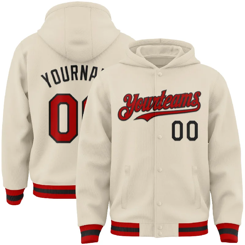 Vibrant Color Hoodie for Bright Fashion Statements-Custom Cream Red-Black Bomber Full-Snap Varsity Letterman Hoodie Jacket