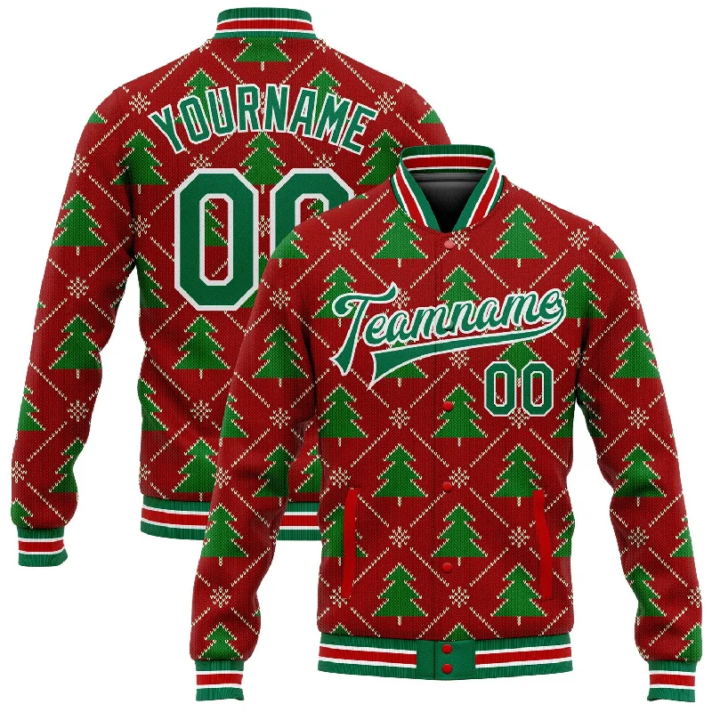 Soft Plush Jacket for Cozy Style-Custom Red Kelly Green-White Christmas 3D Bomber Full-Snap Varsity Letterman Jacket