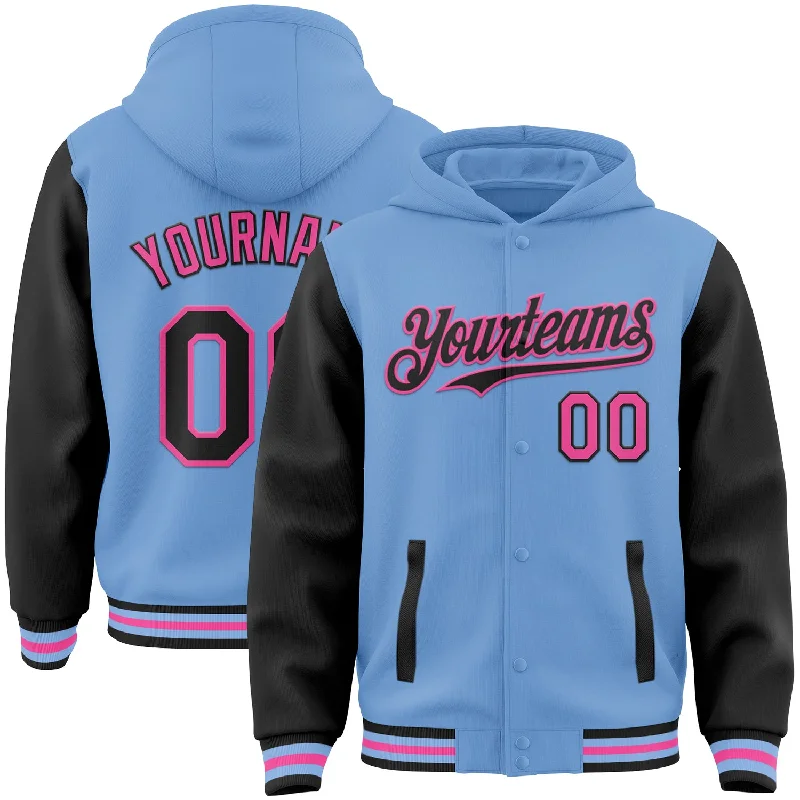 Athletic Hooded Sweatshirt for Gym Workouts-Custom Light Blue Black-Pink Bomber Full-Snap Varsity Letterman Two Tone Hoodie Jacket