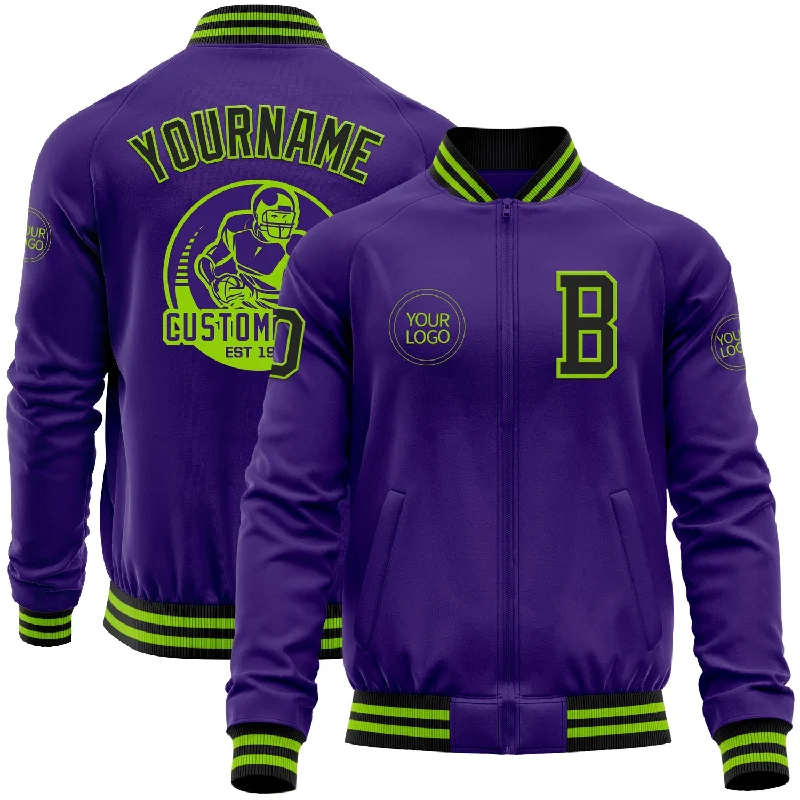 Classic Denim Jacket for Versatile Styling-Custom Purple Black-Neon Green Bomber Varsity Letterman Zipper Jacket