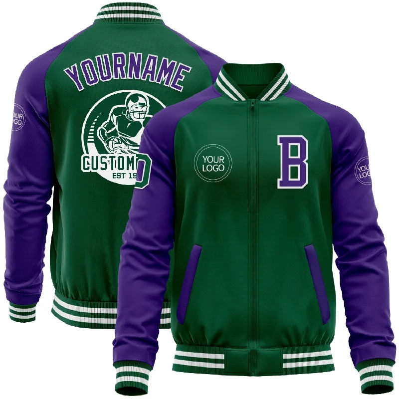 Classic Cotton Jacket for Everyday Use-Custom Kelly Green Purple-White Bomber Varsity Letterman Two Tone Zipper Jacket