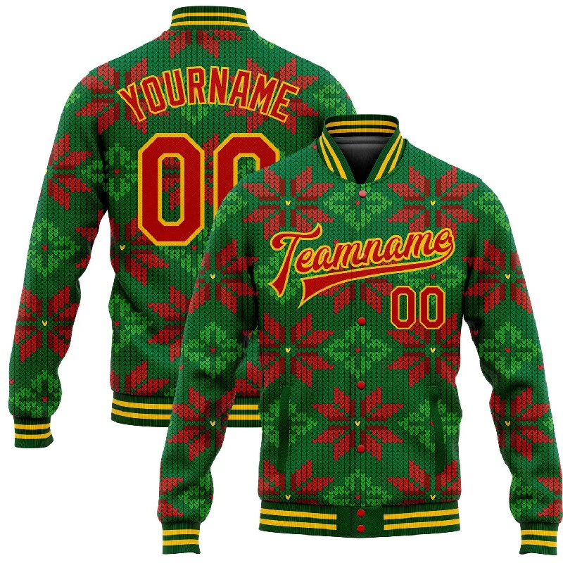 Classic Cotton Jacket for Everyday Use-Custom Green Red-Gold Christmas 3D Bomber Full-Snap Varsity Letterman Jacket