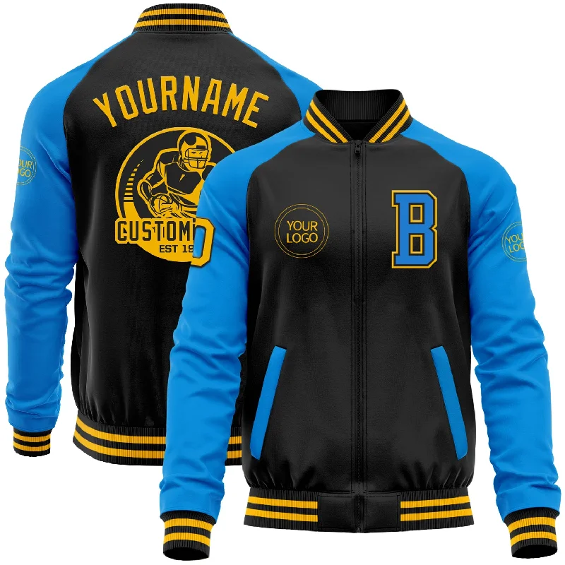 High-Tech Waterproof Jacket for Hiking and Trekking-Custom Black Gold-Powder Blue Bomber Varsity Letterman Two Tone Zipper Jacket