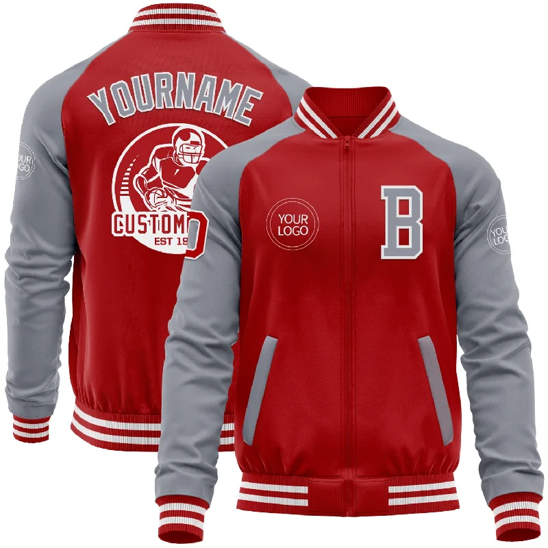 Water-Resistant Outdoor Jacket for Hikers-Custom Red Gray-White Bomber Varsity Letterman Two Tone Zipper Jacket