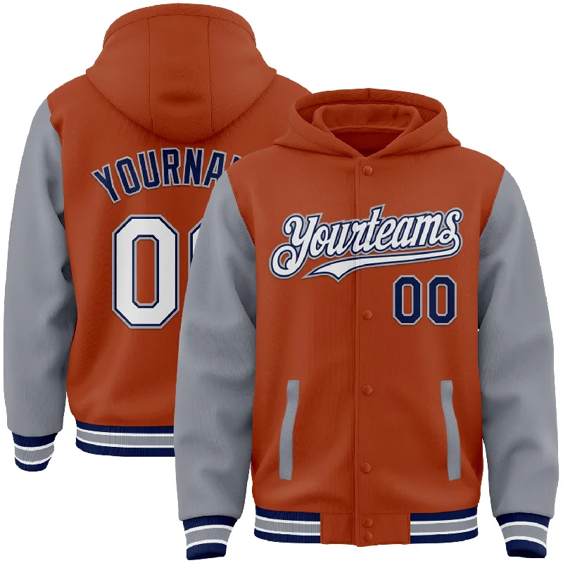 Performance Hoodie for Active Sports and Fitness-Custom Texas Orange Navy-Gray Bomber Full-Snap Varsity Letterman Two Tone Hoodie Jacket