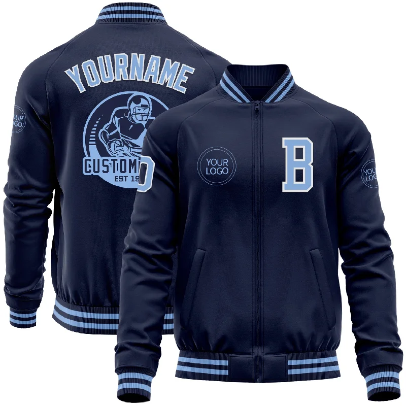 Trendy Hooded Jacket for Casual Fashion-Custom Navy Light Blue-White Bomber Varsity Letterman Zipper Jacket