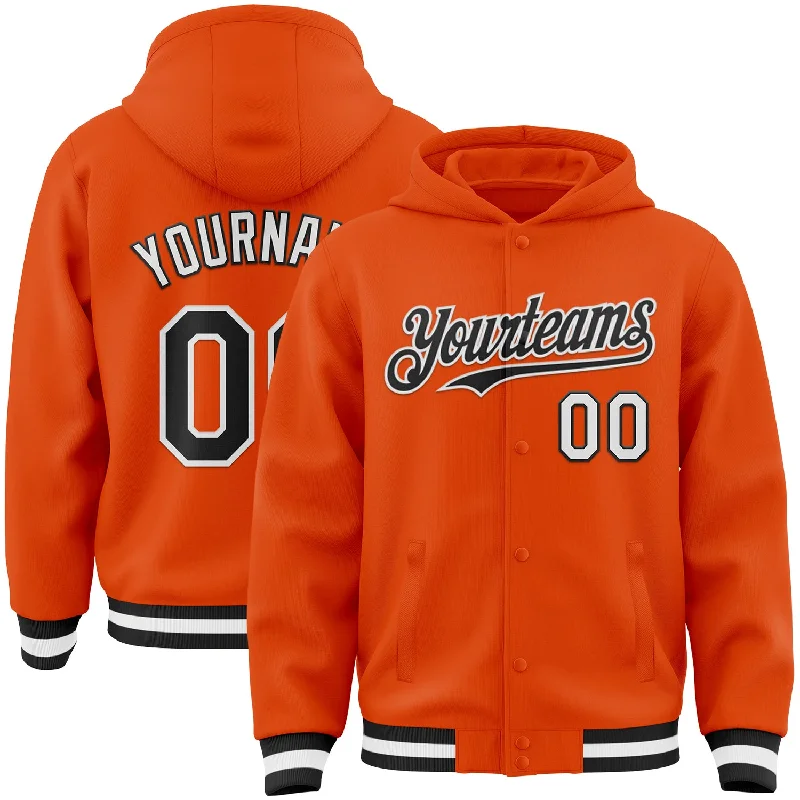 Classic Hoodie with Kangaroo Pocket for Convenience-Custom Orange Black-White Bomber Full-Snap Varsity Letterman Hoodie Jacket