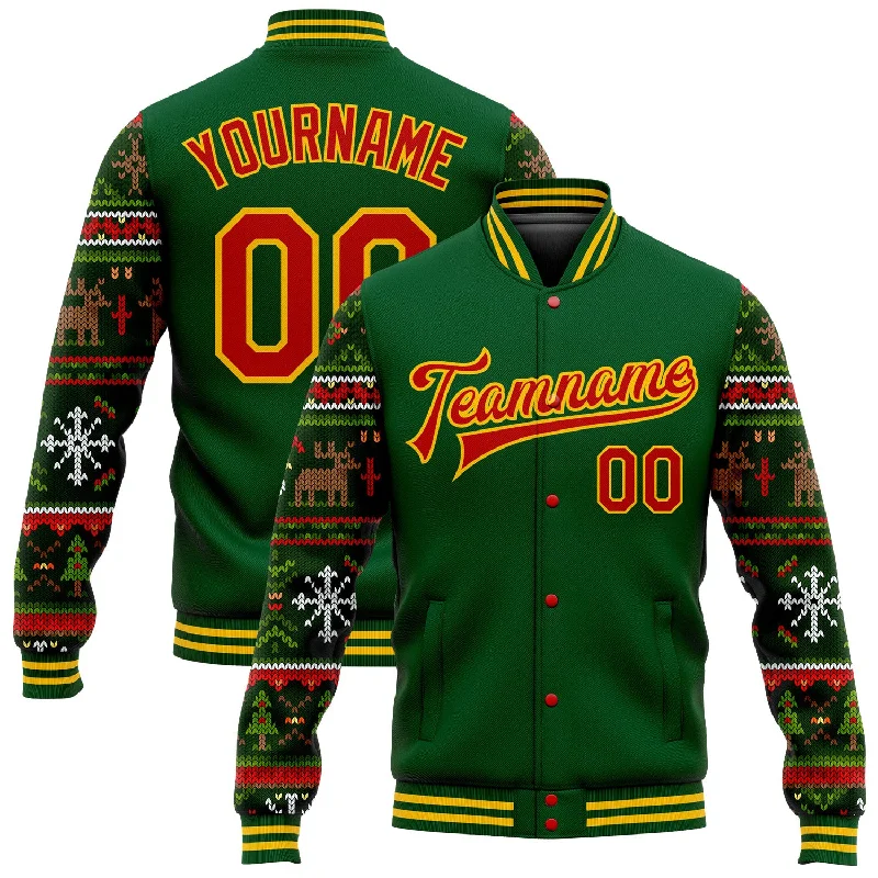 Durable Canvas Jacket for Heavy-Duty Wear-Custom Green Red-Gold Christmas 3D Bomber Full-Snap Varsity Letterman Jacket