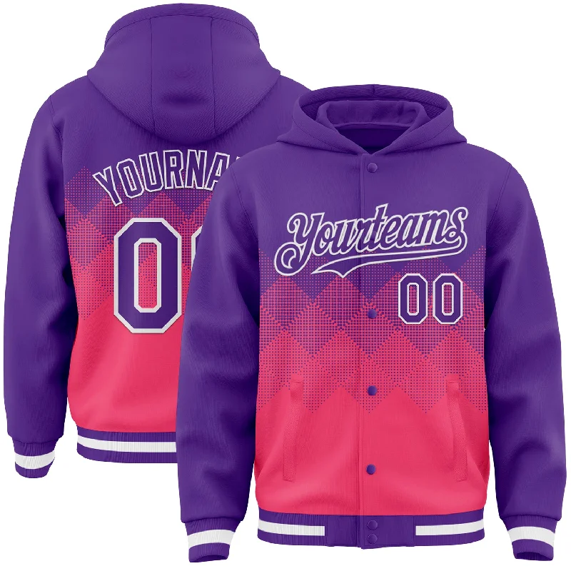 High-Performance Hoodie for Cold Weather Sports-Custom Purple Neon Pink-White Gradient Square Shape 3D Pattern Design Bomber Full-Snap Varsity Letterman Hoodie Jacket