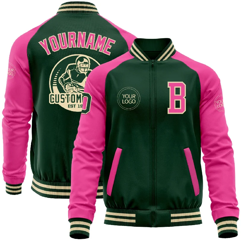 Trendy Tweed Jacket for Classic Fashion-Custom Green Pink-Cream Bomber Varsity Letterman Two Tone Zipper Jacket