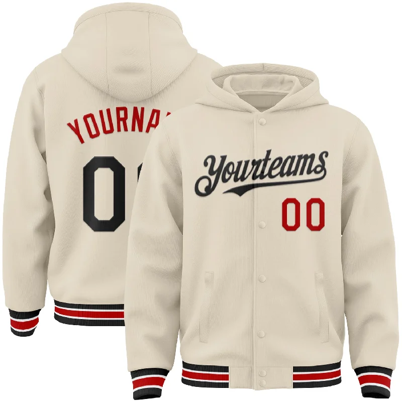 High-Collar Hoodie for Extra Coverage-Custom Cream Black Red-White Bomber Full-Snap Varsity Letterman Hoodie Jacket