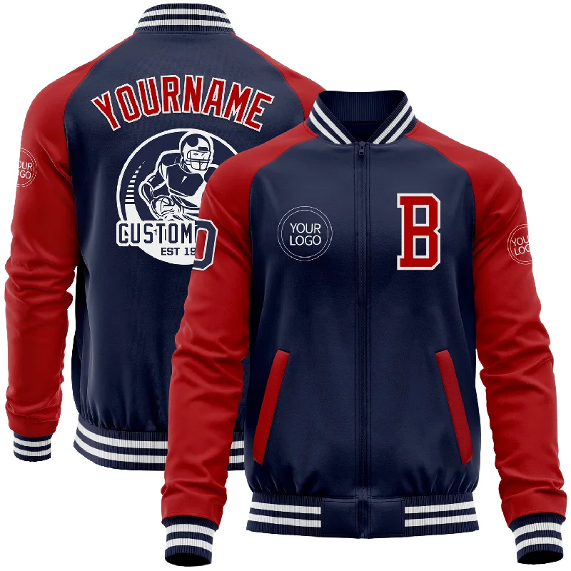 Street Style Bomber Jacket for Fashionistas-Custom Navy Red-White Bomber Varsity Letterman Two Tone Zipper Jacket