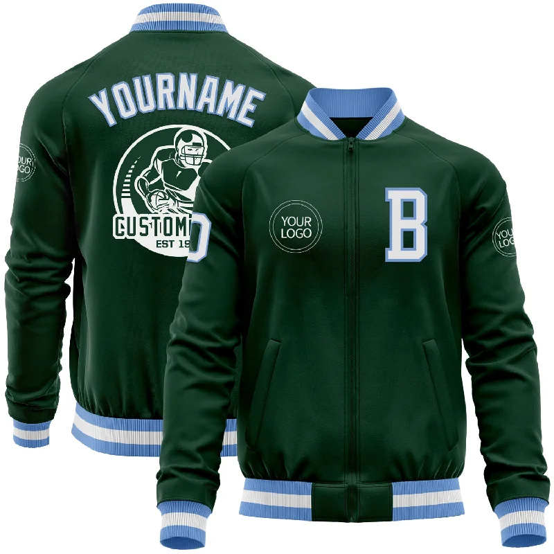 Zip-Up Sports Jacket for Workout Sessions-Custom Green White-Light Blue Bomber Varsity Letterman Zipper Jacket