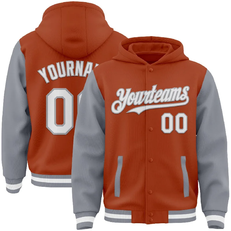 High-Neck Hoodie for Extra Warmth-Custom Texas Orange White-Gray Bomber Full-Snap Varsity Letterman Two Tone Hoodie Jacket