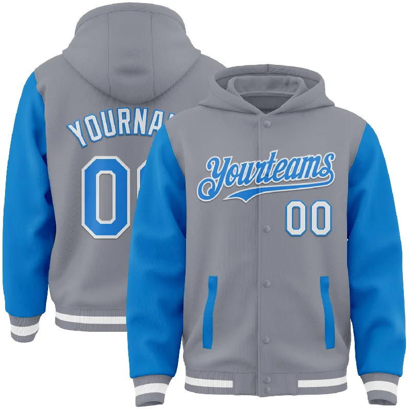 Street Style Hoodie for Modern Fashion-Custom Gray Powder Blue-White Bomber Full-Snap Varsity Letterman Two Tone Hoodie Jacket