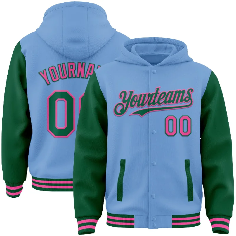 Athletic-Fit Hoodie for Sports and Fitness-Custom Light Blue Kelly Green-Pink Bomber Full-Snap Varsity Letterman Two Tone Hoodie Jacket