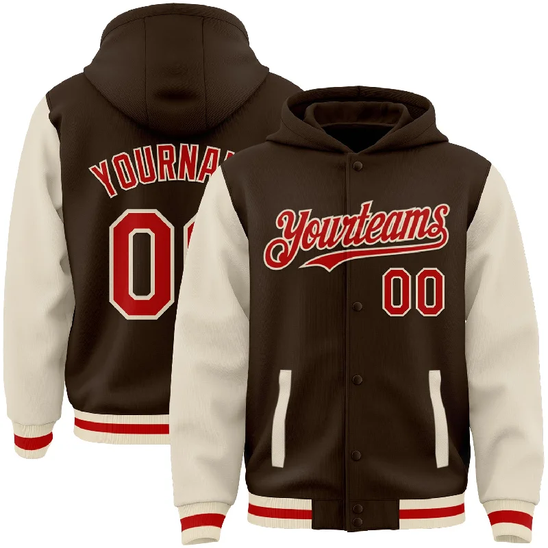 Fashion Hoodie for Trendsetters-Custom Brown Red-Cream Bomber Full-Snap Varsity Letterman Two Tone Hoodie Jacket