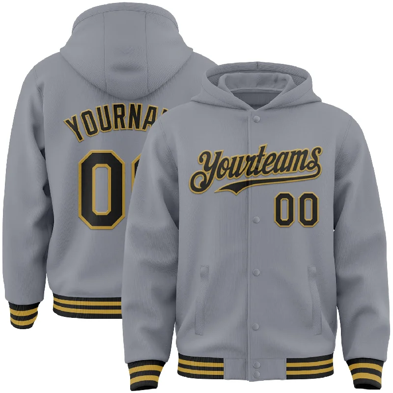 Trendy Pullover Hoodie for Street Fashion-Custom Gray Black-Old Gold Bomber Full-Snap Varsity Letterman Hoodie Jacket