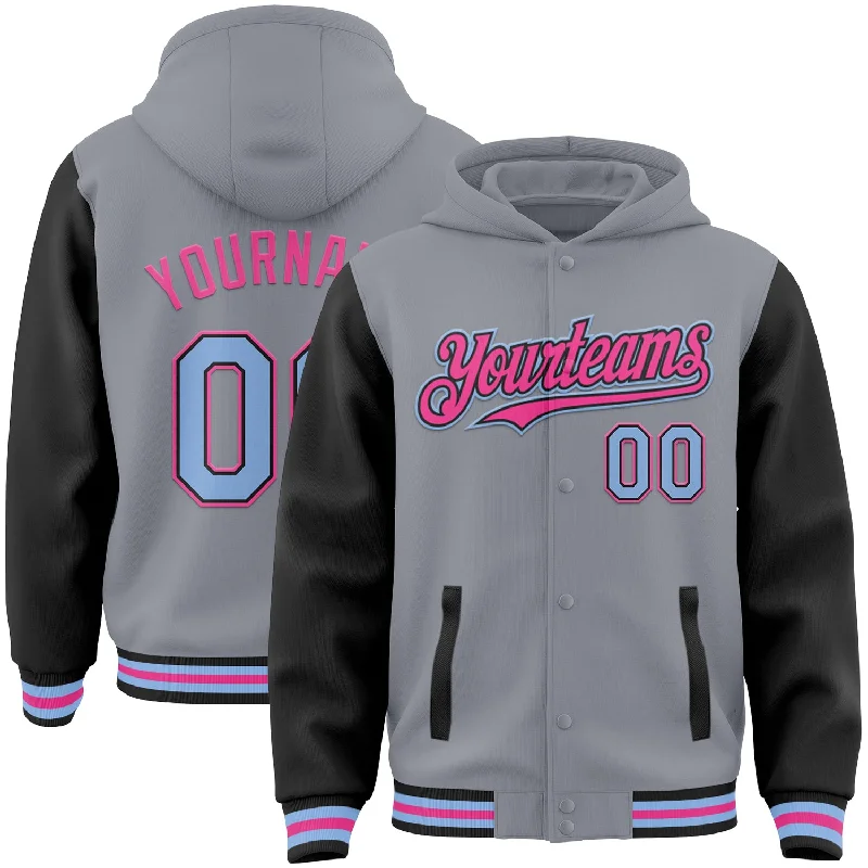 Soft Cotton Hooded Sweatshirt for Relaxed Style-Custom Gray Light Blue Black-Pink Bomber Full-Snap Varsity Letterman Two Tone Hoodie Jacket